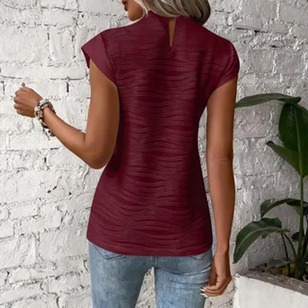 Women's Summer Round-Neck Textured Wavy-Stripe Button-Down Short-Sleeve Blouse