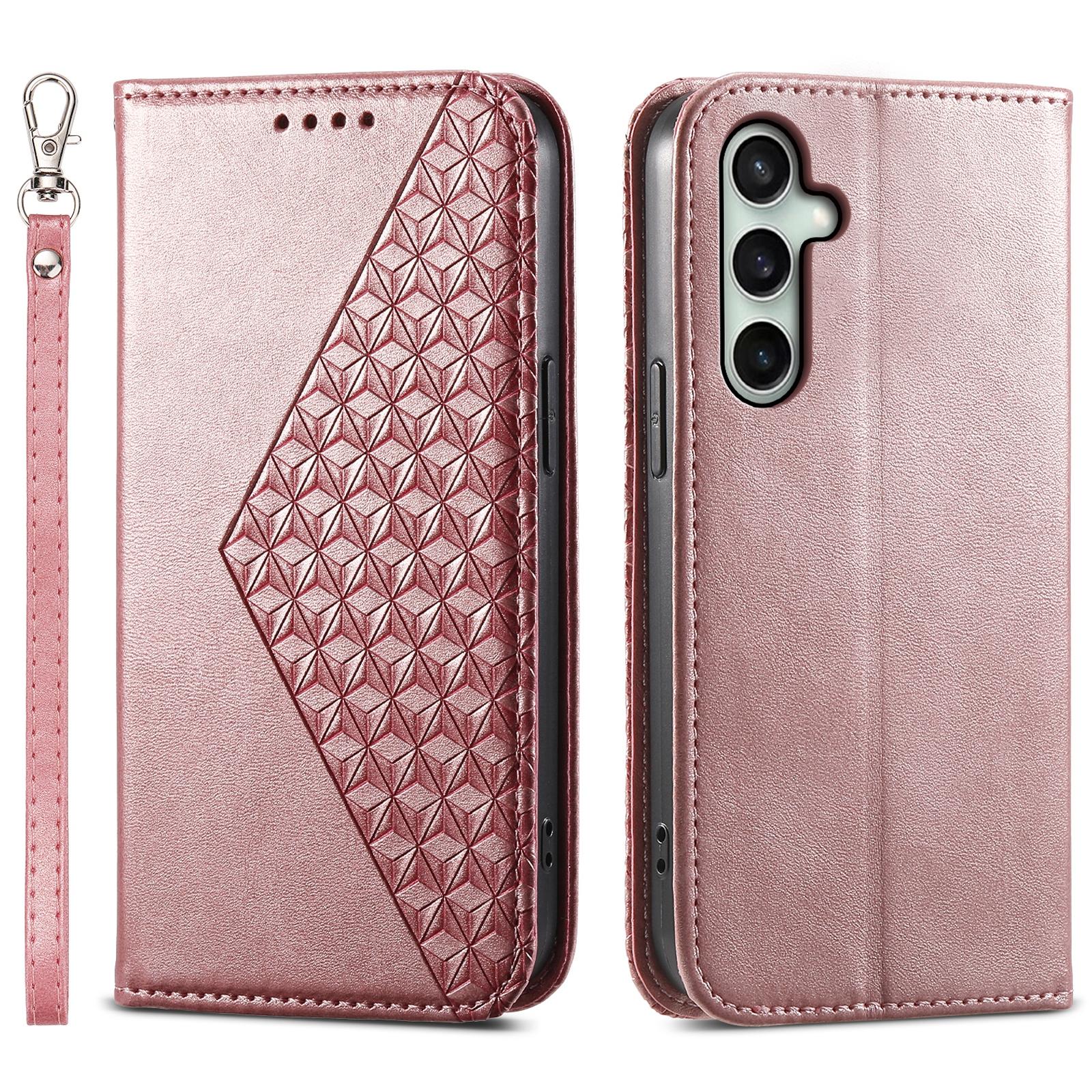 

For Samsung Galaxy S24 FE Wallet Case Calf Texture PU Leather Phone Cover with Strap Rose Gold