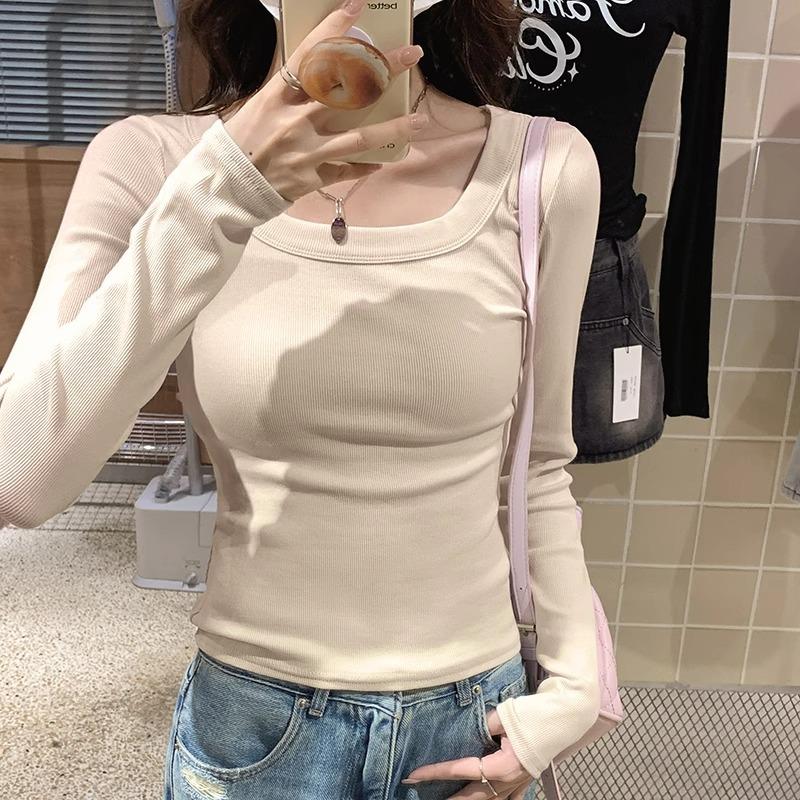 Morelowa koszulka bazowa z kwadratowym dekoltem i długim rękawem, warstwowa, dla kobiet, jesienno-zimowa, nowy styl, dopasowana w talii, wyszczuplająca, wewnętrzna koszulka T-shirt plus aksamitny top