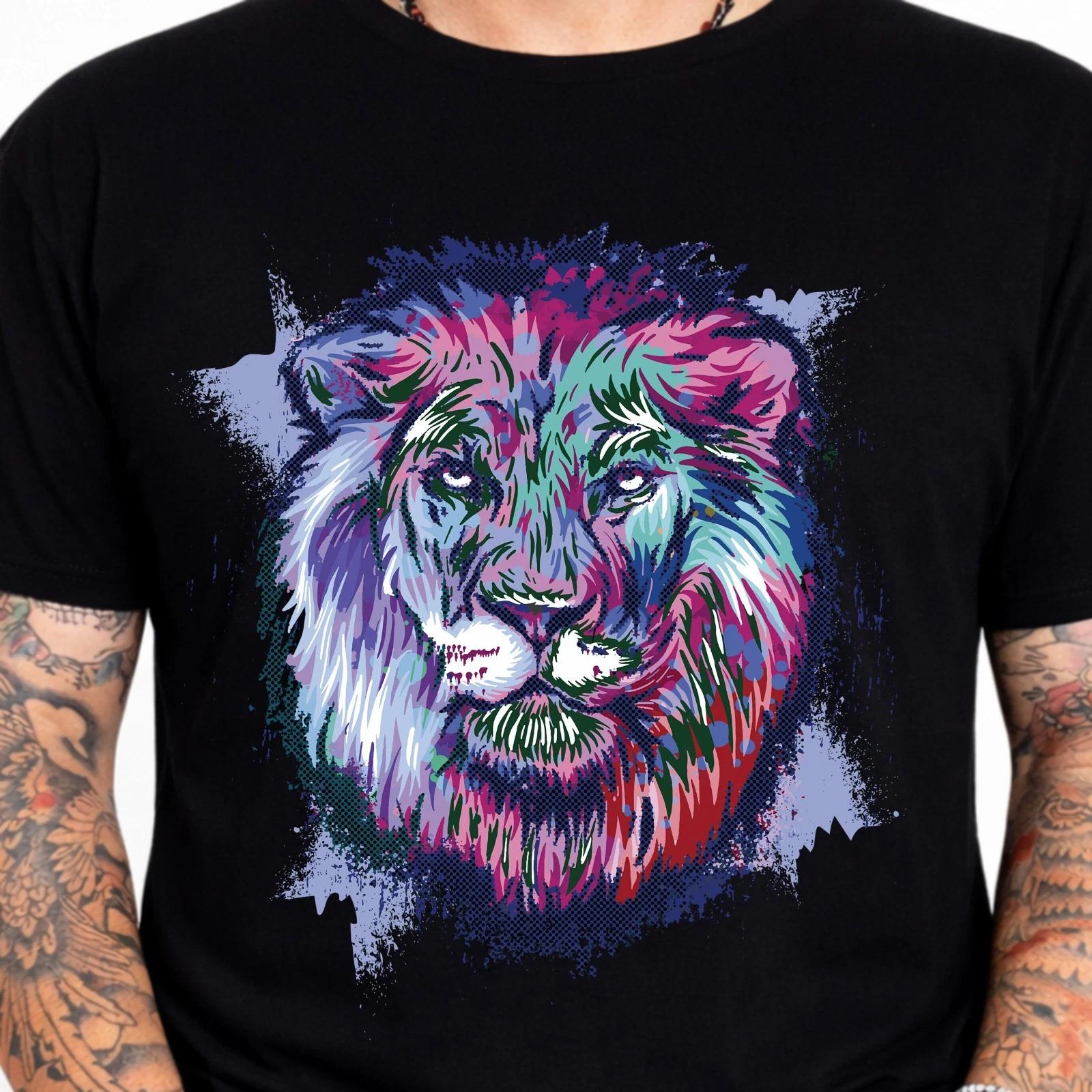 Colorful Lion Head Pop Art Wildlife Animal Lover King Nature Graphic Tee . XXXL
