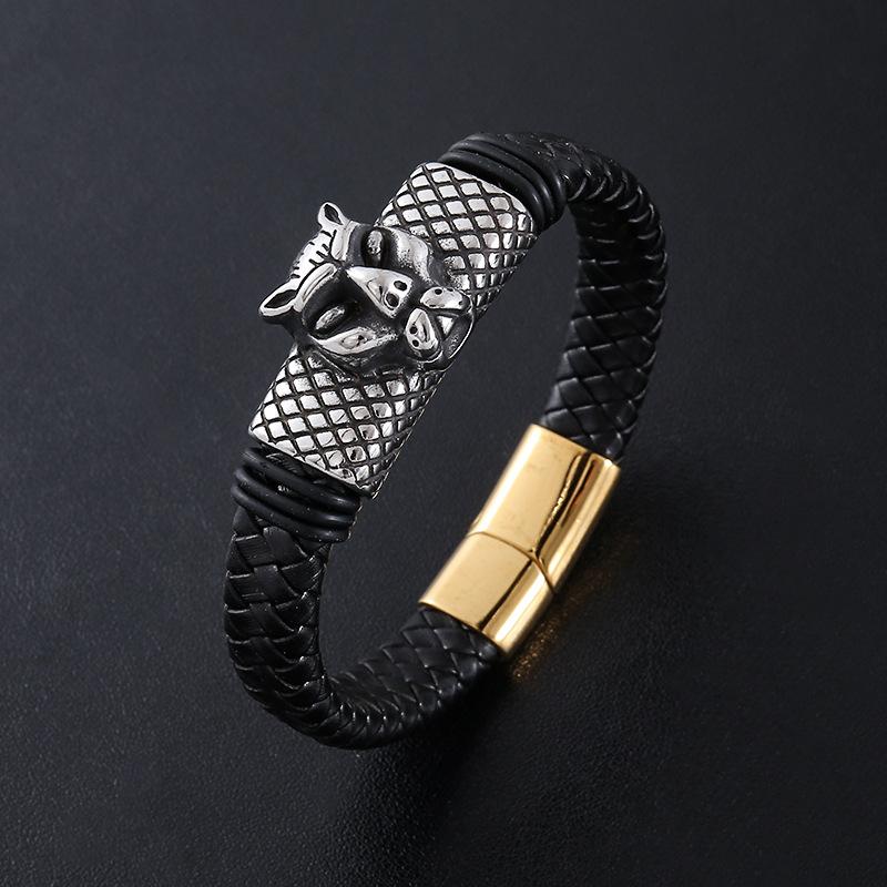 Punk Vintage Gothic Leopard Leather Braided Stainless Steel Fashion Jewelry Bracelet Bangle for Men Magnetic Clasp