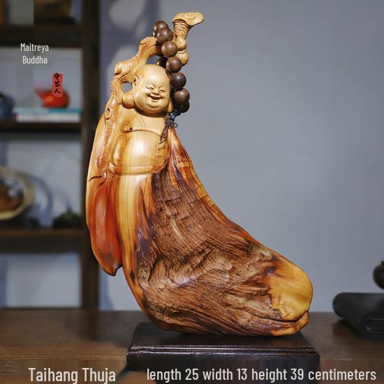 Intaglio Radice di Legno di Cipresso di Scogliera: Ornamento Daruma Maitreya Buddha in Legno Massello in Zafferano Dorato e Legno di Rosa Nanmu.