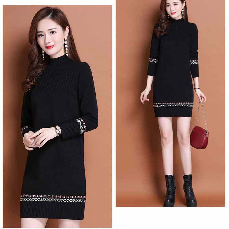 Mid-length Women Sweater Dress Loose Autumn and Winter Thickened Half High Neck Knitted Dress Simple Casual