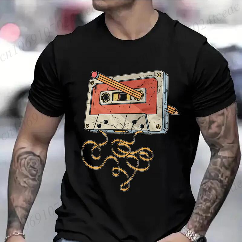 

Men s Vintage Cassette Tape with Pencil T-shirt Shirts for Guys Funny Graphic Tees Birthday Clothes Fashion Casual Men s Tees 4XL
