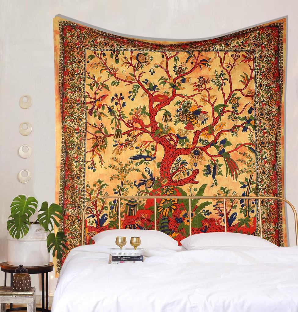 Indian Tree of Life Tapestry Boho Wall Art Multicolor Floral Design Ethnic Decor for Home Living Room Bedroom Yoga Space