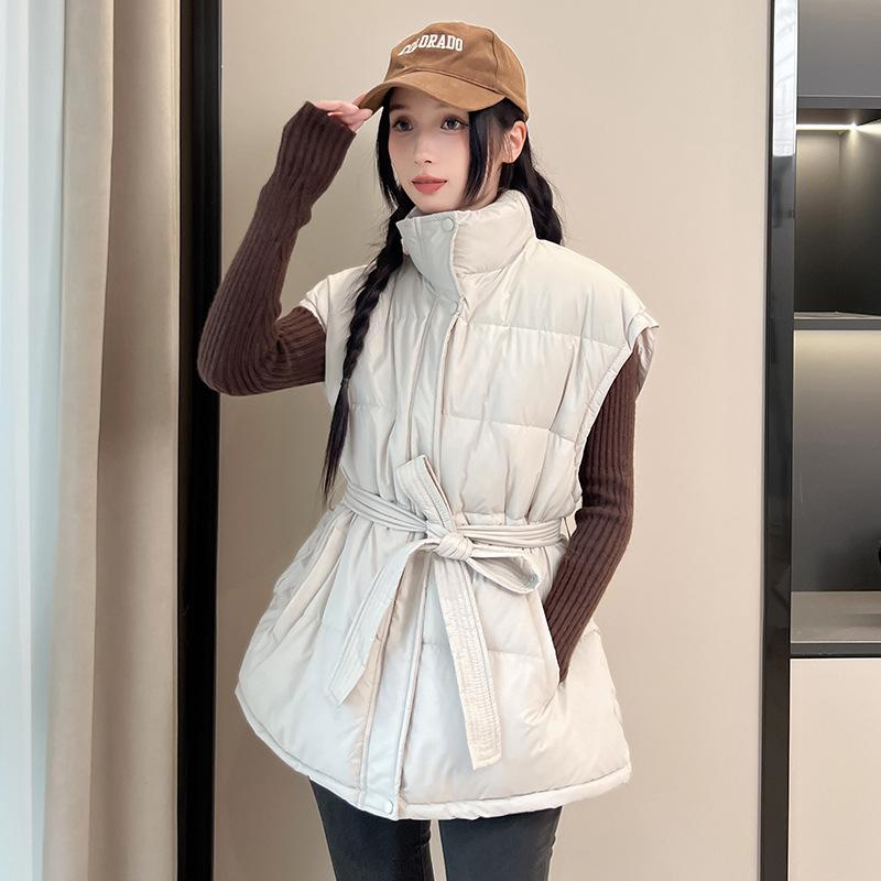 

Korean version of the new women s lightweight with belt sleeveless jacket collar solid color thickened warm sports and leisure loose cotton jacket M