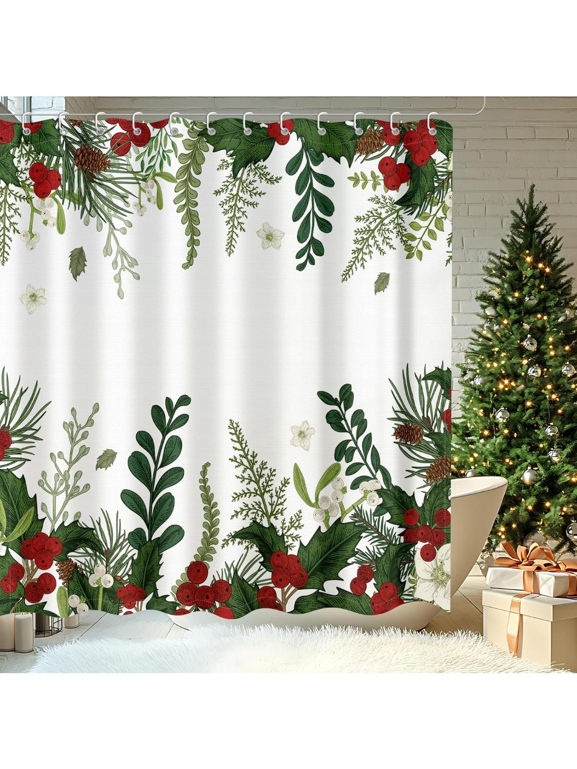 

Christmas Shower Curtain, Holly Xmas New Year Holiday Winter Decor Bathroom Curtain Set Waterproof Polyester Fabric With Hooks W60H190(CM)-1 Pcs