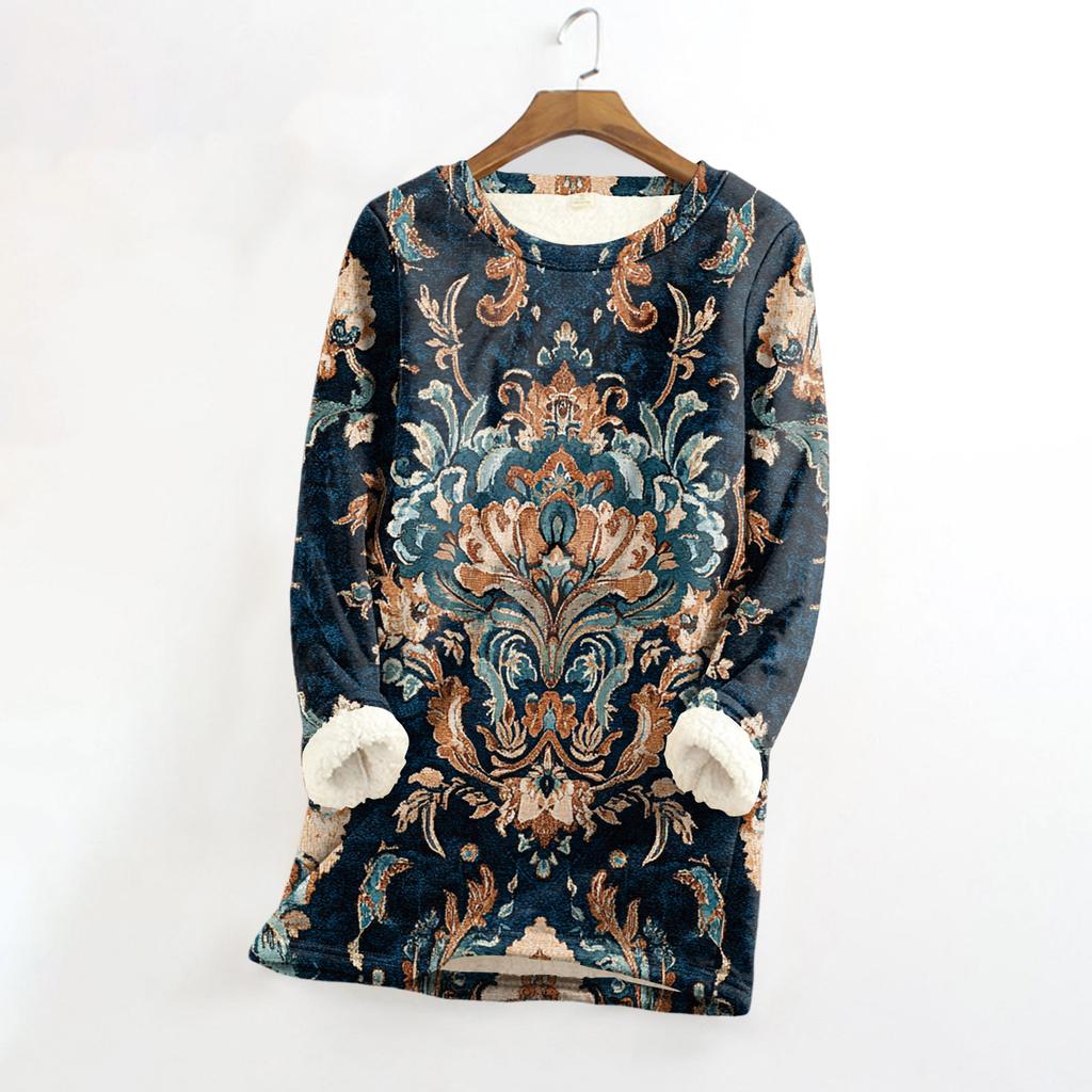 Women's Round Neck Top Printing Thickened Plush Cashmere Warm Long Top