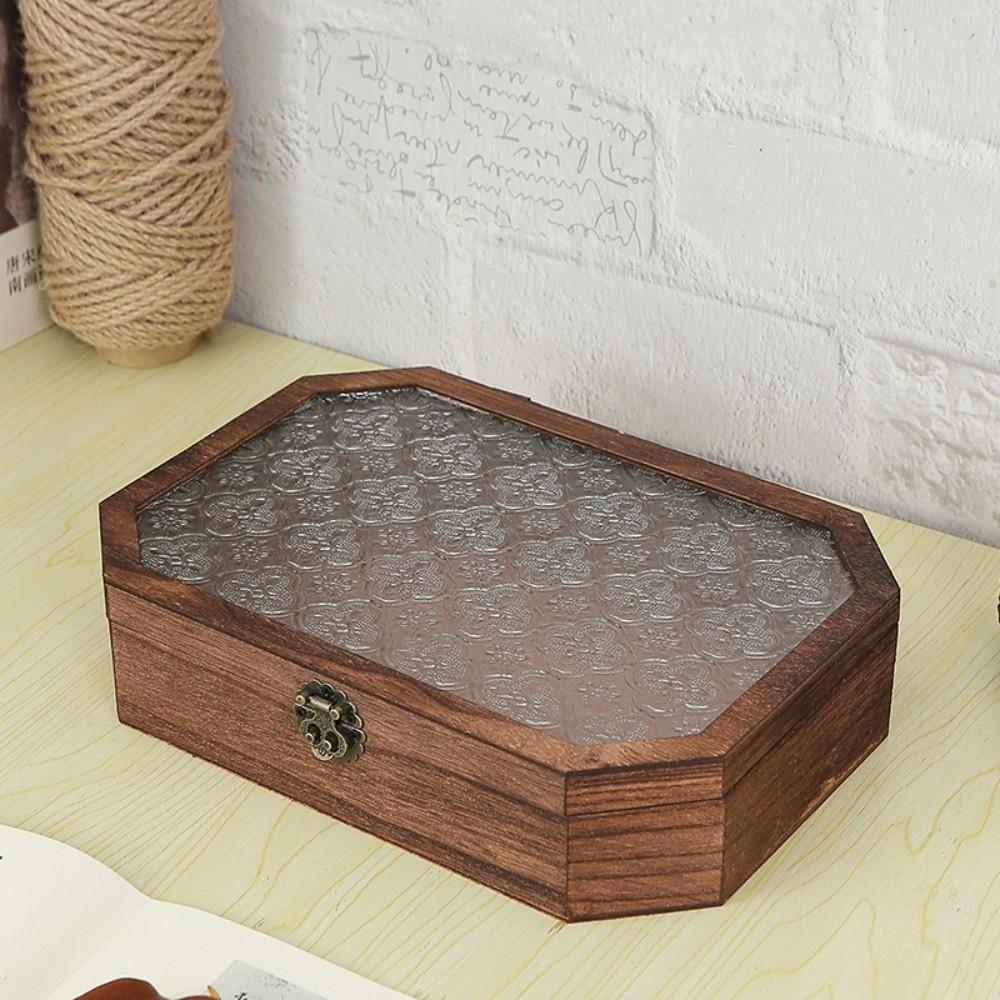 Flip Cover Wooden Storage Box Vintage Glass-Lid Box Minimalist Storage Cabinet  Perfume Storage
