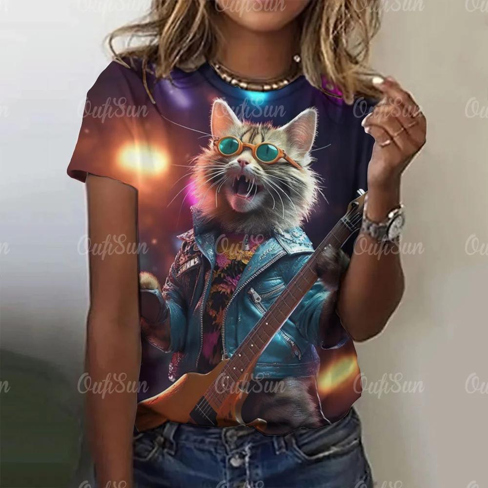 New Summer Women 3D Cool Rock Cat Printing T-Shirt Fashion Trend Tops Tees Ladies Casual Short Sleeve Clothing Y2K Streetwear