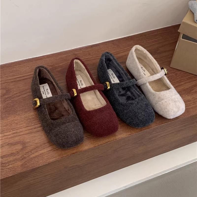 Fairy Foreign Style Fluffy Shoes Female Winter Wear French Evening Temperament Women Velvet Mary Jane Single Shoes Flat Cotton Shoes
