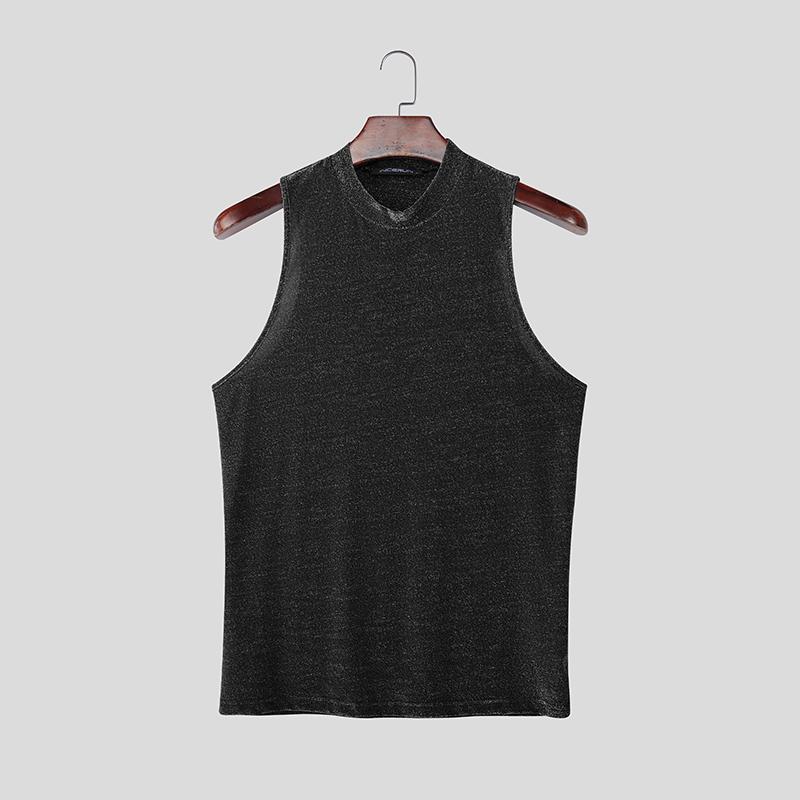 INCERUN Summer Men Mockneck Sleeveless Shiny Casual Tank Tops Vest S