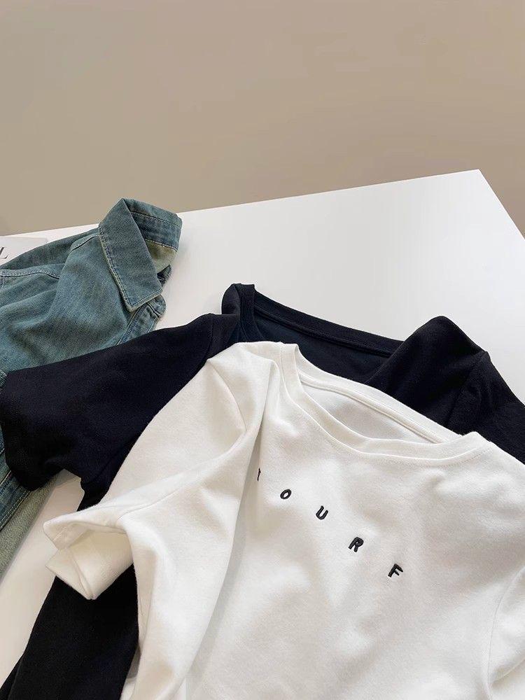 Women's Trendy Short-Sleeve Embroidered T-Shirt - Brushed, Slim Fit, Solid Color Round Neck Tee for Autumn