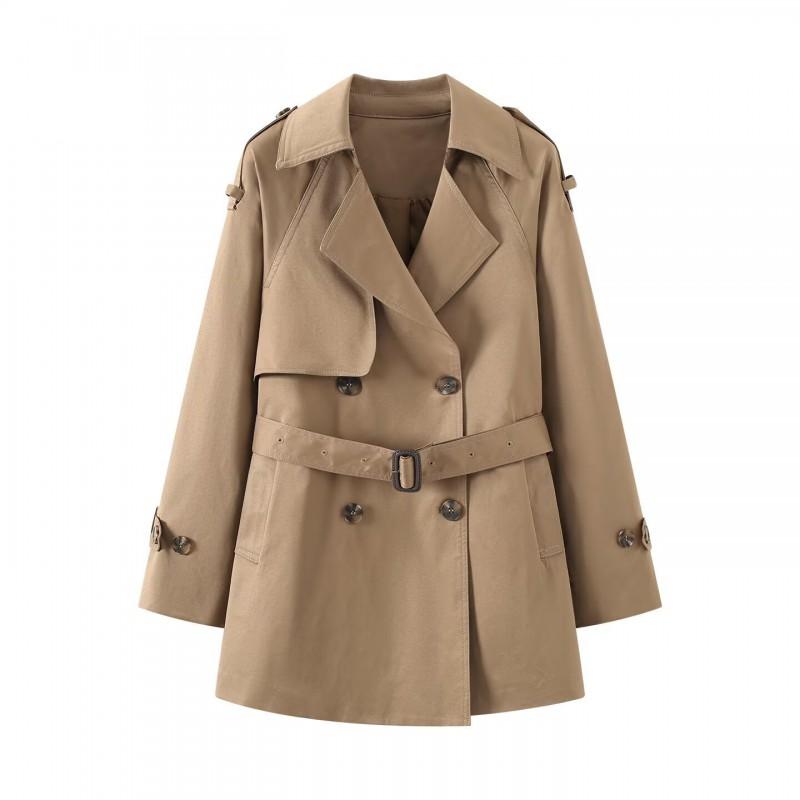 Womens Commuter Style V-Neck Slim Fit Mid-Length Trench Coat Solid Color Double-Breasted Long Sleeve