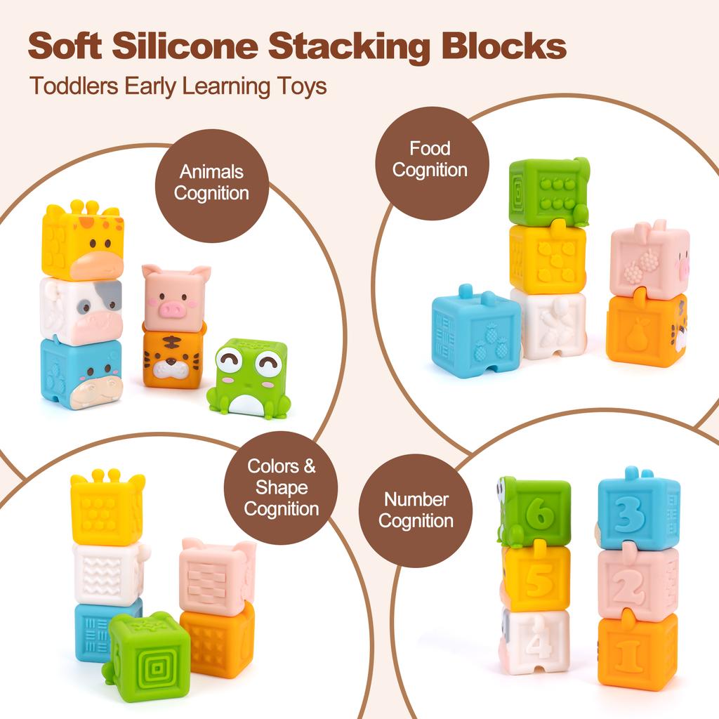 3D Cube Animal Stacking Toys Baby Soft Silicone Building Blocks Toys Bath Toys Toddler Early Educational Sensory Montessori Toys