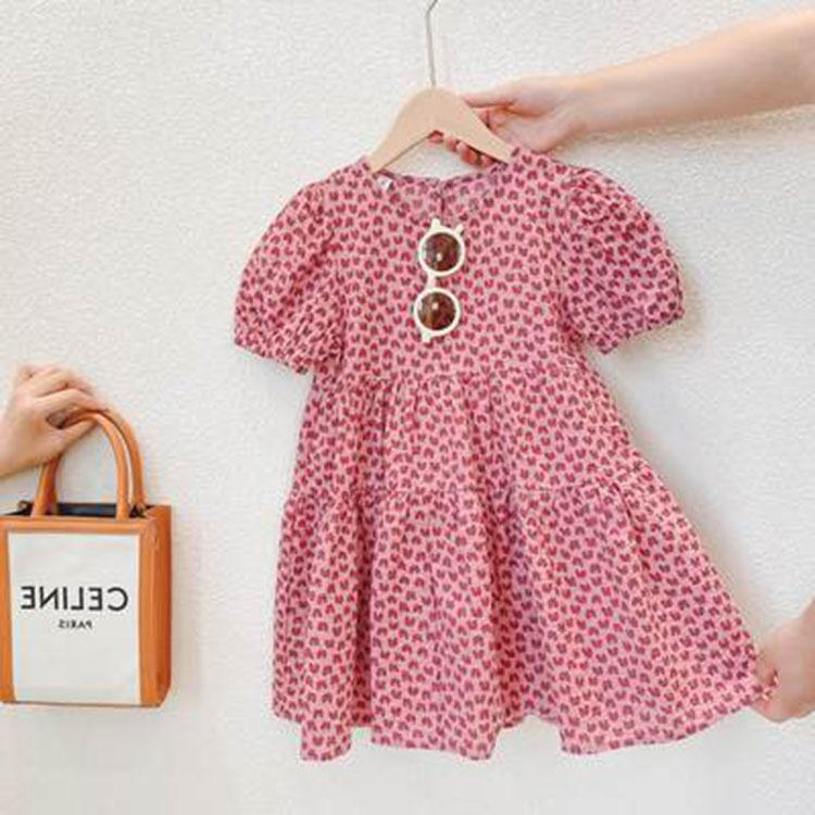 Cute Girls Summer Dress Short Sleeve Heart Print Fashionable Kids Casual Sundress For Children 90cm бордовый