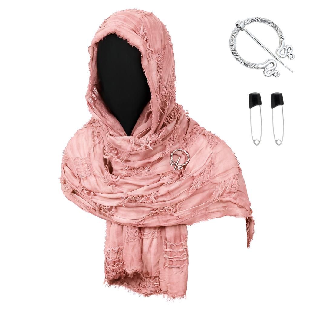 Medieval Style Hooded Cloak Scarf with Distressed Fabric and Metal Brooch Fastener for Cosplay LARP Renaissance Festival Costume Accessory