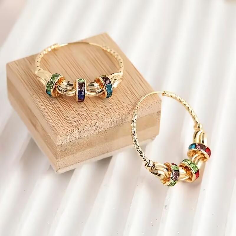 Boho Vintage Big Hoop Earrings for Women - Gold Plated Colorful Zircon Dangle Earrings  Accessories