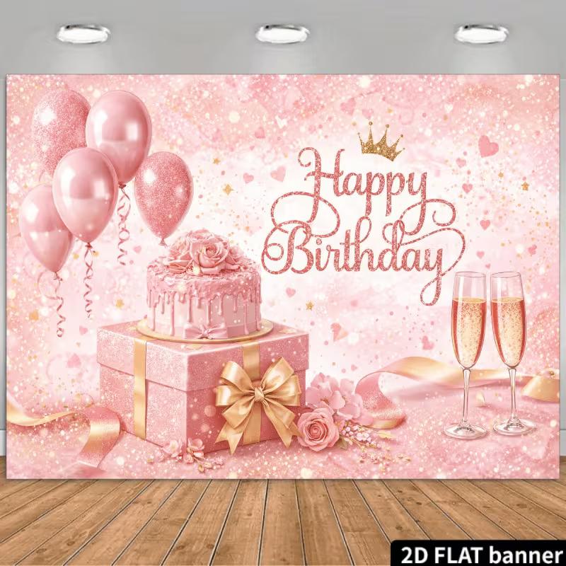 

2D Pink Happy Birthday Banner Cake & Balloon Party Background 47.2x31.5inch/120*80cm