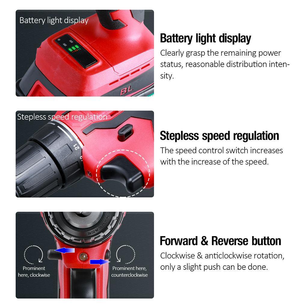 21V Brushless Electric Drill 3/8 Inches Cordless Screwdriver Rechargeable Home Power Tool with 2000mAh Battery & Drill Bit