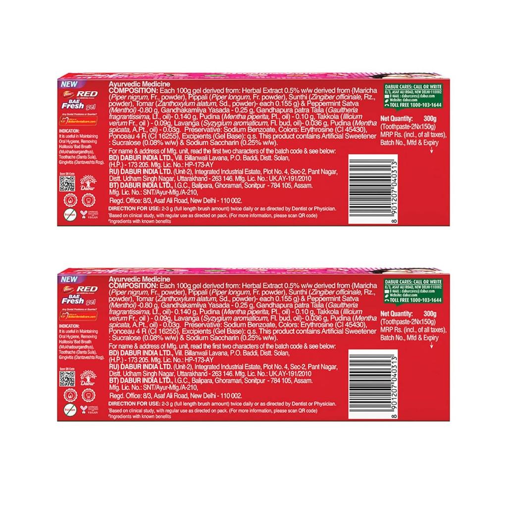 Dabur Red Bae Fresh Gel Toothpaste 600g (300g X 2) | Fights Bad Breath, Cavity Germs, Plaque | 12Hr Freshness, Gum & Oral Care