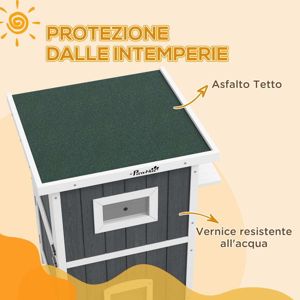 Outdoor Wooden Cat House On 2 Levels with Asphalt Roof and 4 Doors, 60x60x90.5cm, Grey