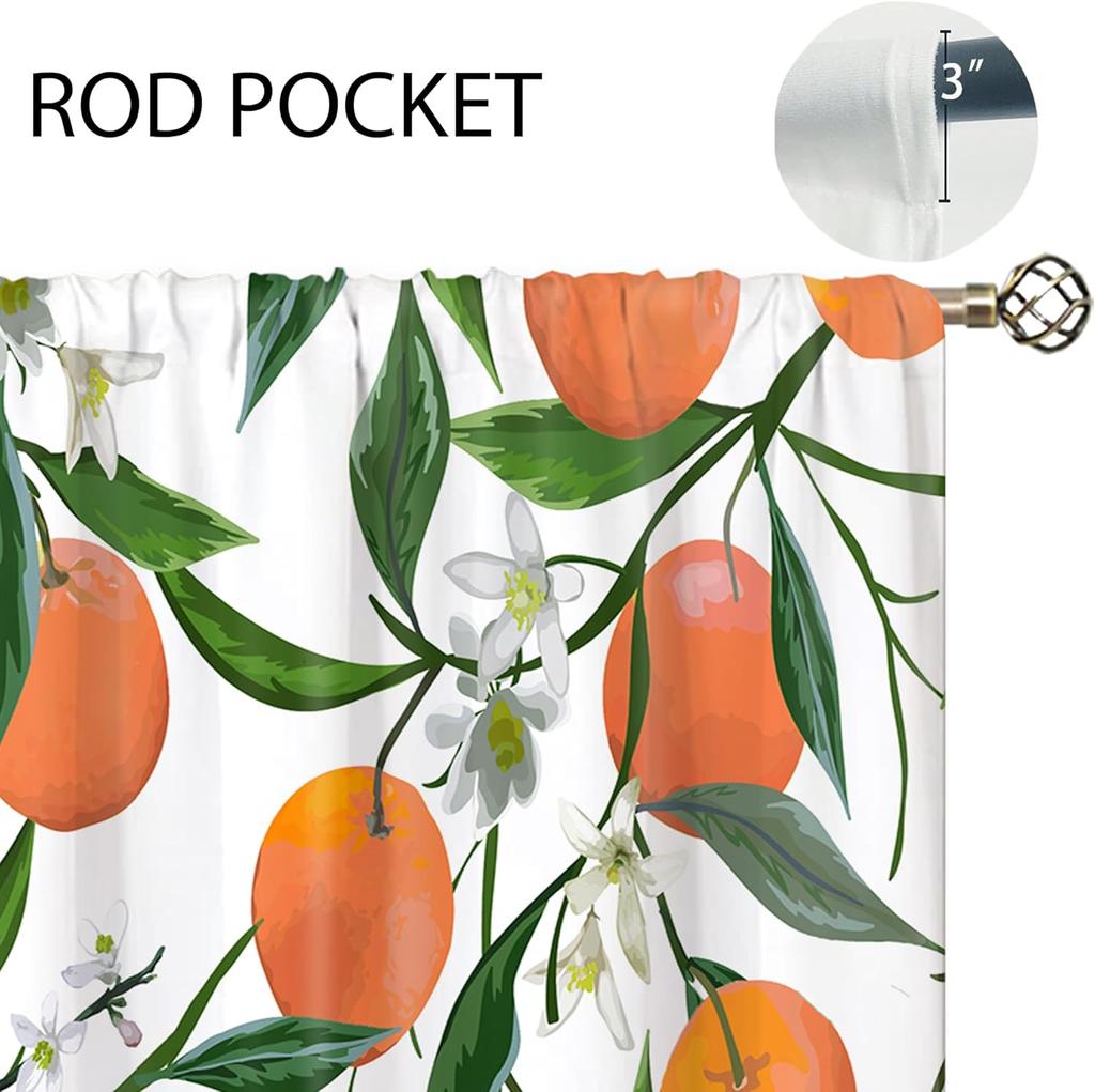 Orange Leaves Small Kitchen Curtains Allover Fruits Citru Window Treatment Leaves Rod Pocket Cafe Short Window Curtains for