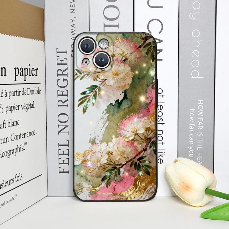 

Retro Flower Hibiscus Golden Ink Painting Phone Case for iPhone 17 16 12 11 14 13 15 Pro Max Mini XS MAX XR 7 8 Plus Soft Cover iPhone 11 Pro Max