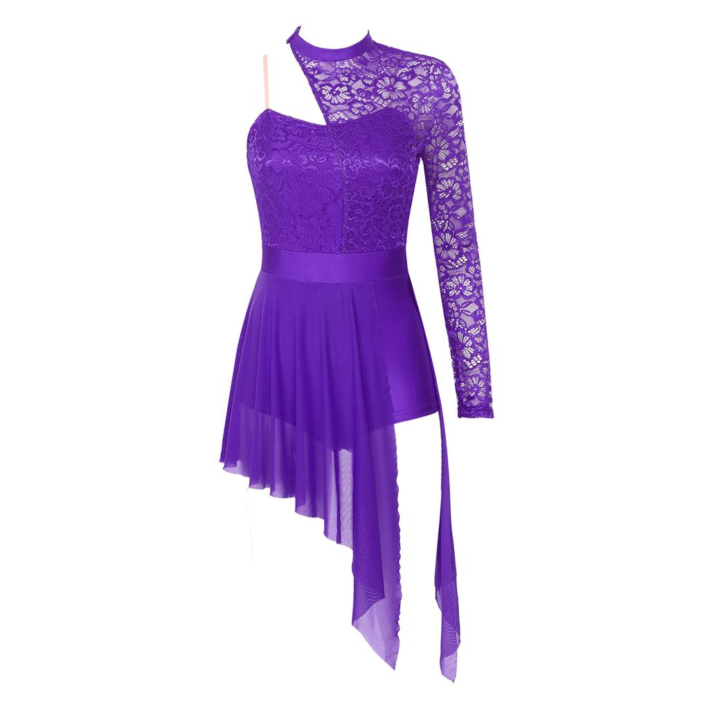 Womens Lace Patchwork One Shoulder Leotard Dress Split See Through Mesh Asymmetric Hem Dance Dress