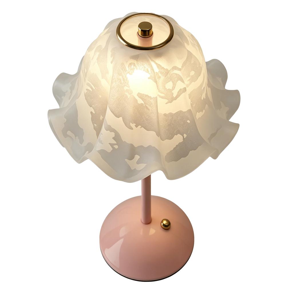 Flower Table Lamp Eye Caring Cordless Rechargeable Vintage Night Lamp with Frosted Petal Shaped Glass Lampshade for