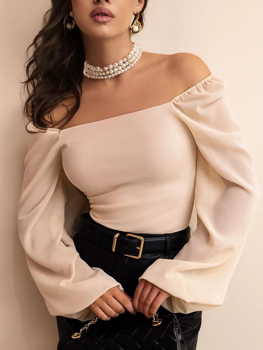 Elegant One-Shoulder Lantern Sleeve T-shirt with Slimming Waist for Women M бежевый