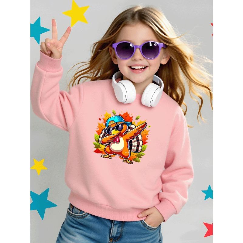 Cool Turkey Dabbing Autumn Leaves Girls' Crew Neck Fashion Sweatshirt, Autumn and Winter Western Style Top, Children's Long Sleeved T-shirt