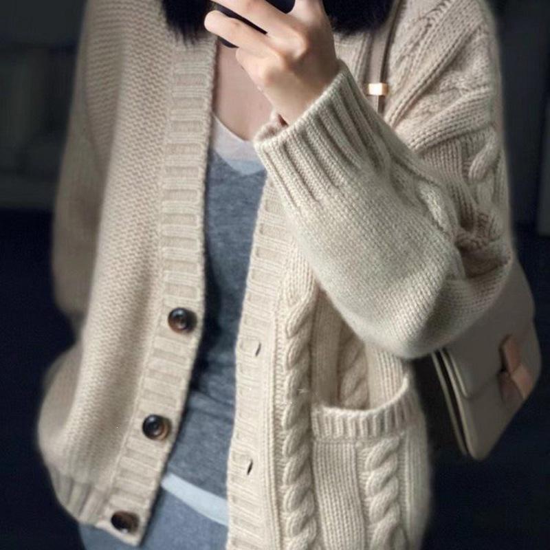 Korean Retro V-Neck Cable Knit Cardigan for Women - Loose-Fit with Pockets, Perfect for Autumn/Winter