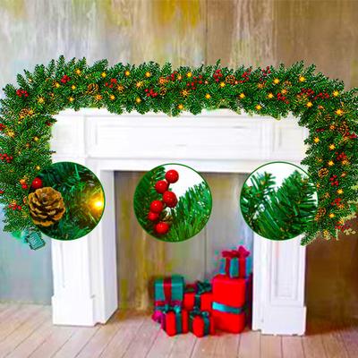 270CM Christmas Artificial Pine Garland with LED Light Red Berries Pinecone Glowing Faux Pine Needle Rattan Mantle Fireplace Porch Hanging Decoration