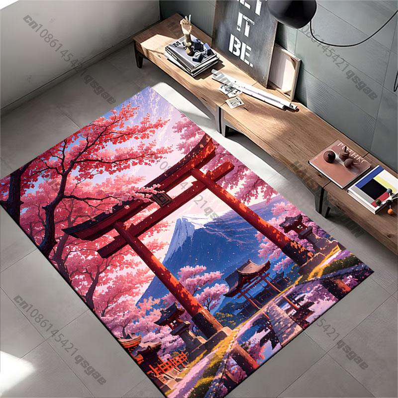 Serene Temple Cherry Blossoms Carpet Yoga Living Room Room Decor Children's Crawling Mat Doormat Area Rug Games Mat