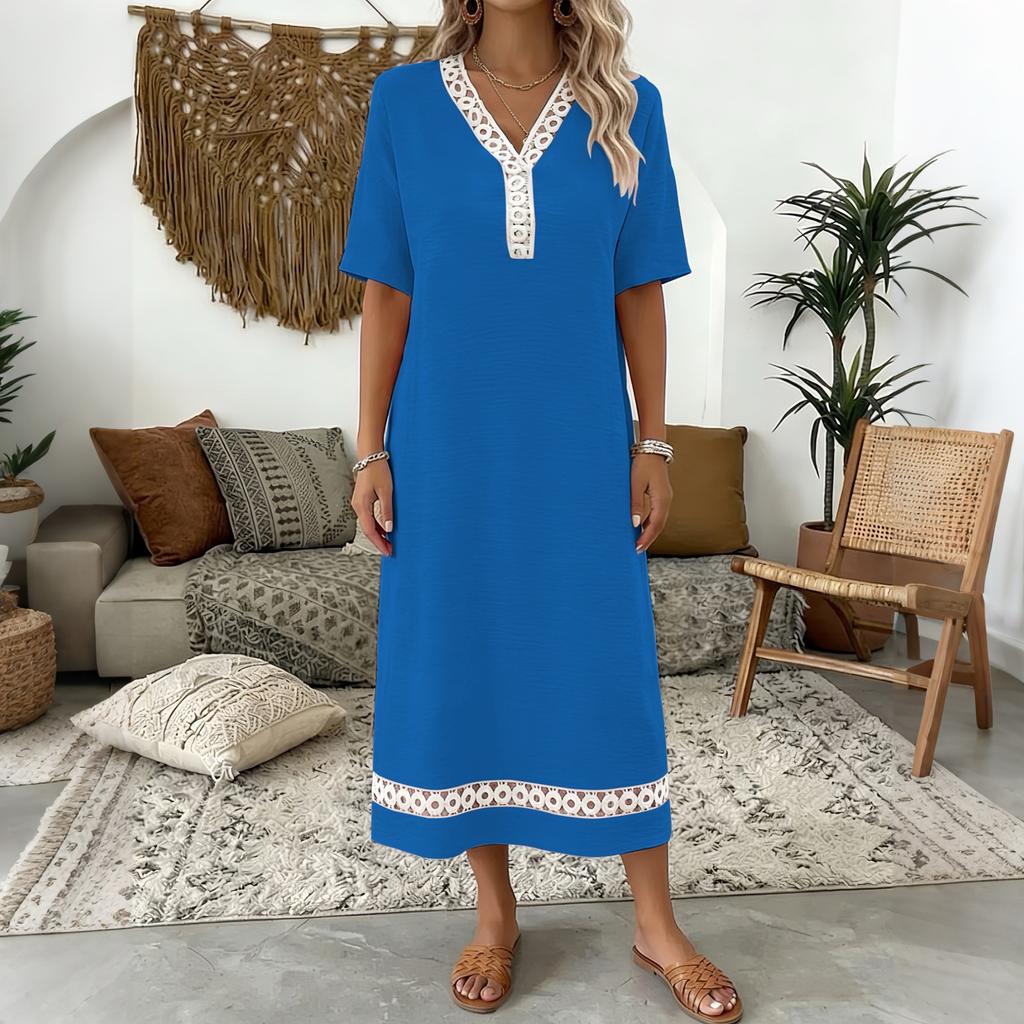 Women's Elegant Lace Trim Short Sleeve Midi Dress V Neckline Lightweight Summer Casual Dress for Daily Wear