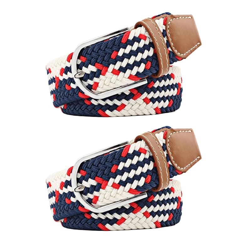 

[RAKUKOU] belt men s mesh belt Set of 2 Free size adjustment braid ladies elastic belt extend casual business gentleman (blue red white, 105CM)