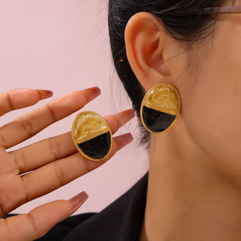 18k Gold-Plated Two-Tone Oval Button Earrings with Titanium Steel Ear Cuffs - European, American, Japanese, Korean Style.