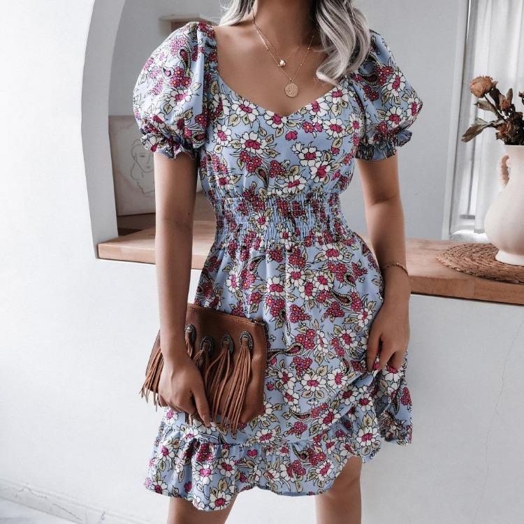 Floral Square Neck Dress with Waist Ruffle Balloon Sleeves Chic Summer