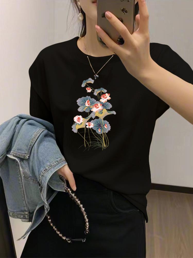 

Абрикосова футболка жіноча з коротким рукавом вільна бавовняна плече 25 нова літня американський лотос приталена з круглим вирізом топ 3XL