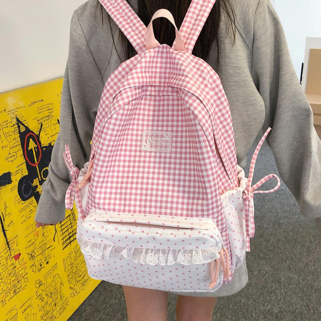 Schoolbag Korean ins Fresh Plaid Polka Dot Backpack Girl Heart Lace Small School Bag Junior High School College Student Commuter Bag