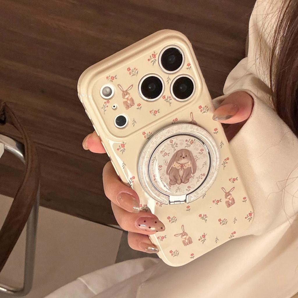 Spring and summer rabbit is suitable for Apple 16 mobile phone case iphone17promax soft 13 cartoon 15 flower magnetic suction bracket