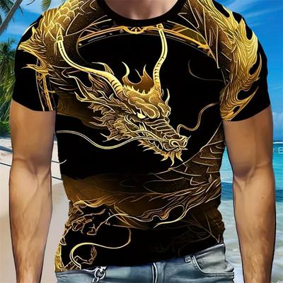 3D Digitaalne Animatsioonistiilis möllava draakoni mustriga ümmarguse kaelusega lühikeste varrukatega T-särk Moodne Lahe Meeste Suvine Streetwear Topid