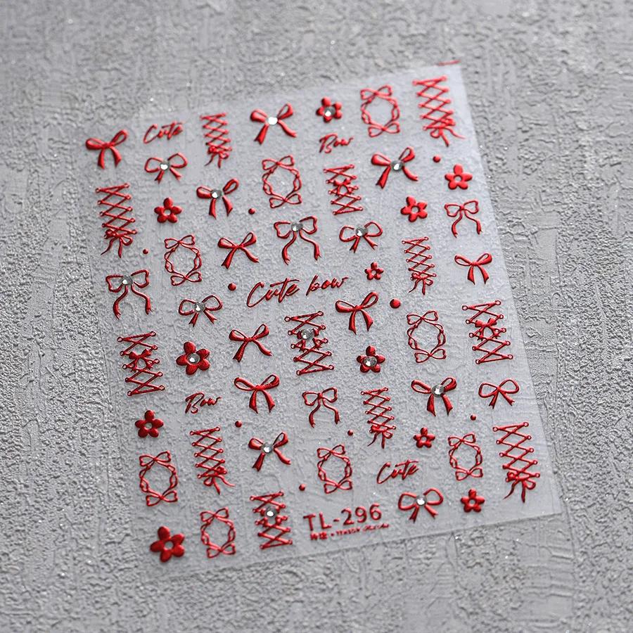 Shiny Red Bowknot Bow Tie Silk Ribbon Butterfly 5D Nail Art Sticker Pearl Rhinestones Self Adhesive Decoration Manicure Decal