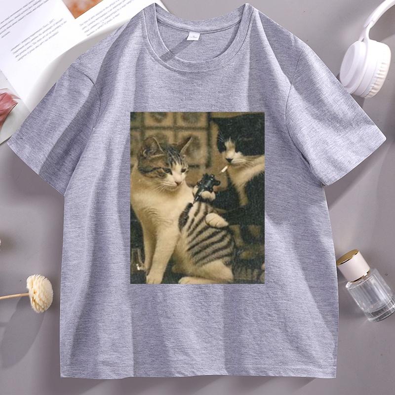 Tattoo Cat Meme T Shirt Casual Cotton Short Sleeve Graphic Tees Streetwear High Quality Casual Unisexs Clothes Y2k Streetwear