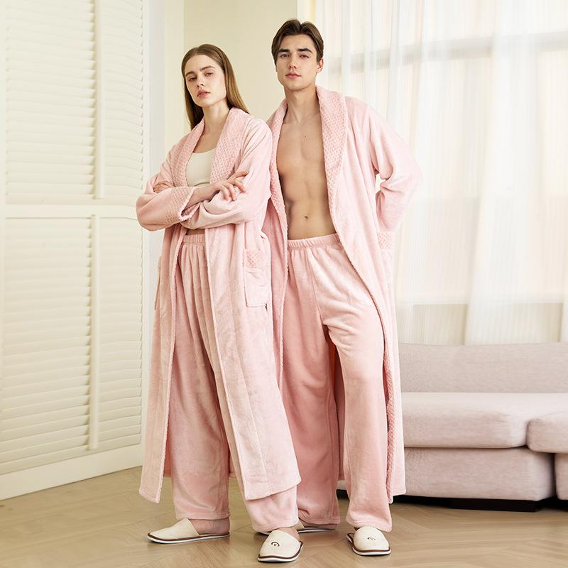 Men's Plush Fleece Robe Set Bathrobe Spa Robes With Pockets Soft Winter Shawl Collar Long Sleeve Robe Warm Pants Set for Men Fluffy Homewear Sleepwear