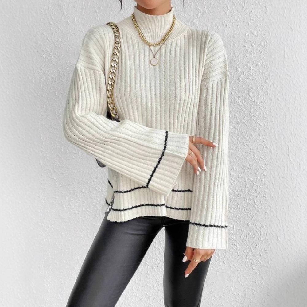Women's Mock Neck Long Sleeve Contrast Stripe Ribbed Knit Loose Pullover Sweater Autumn Casual Top