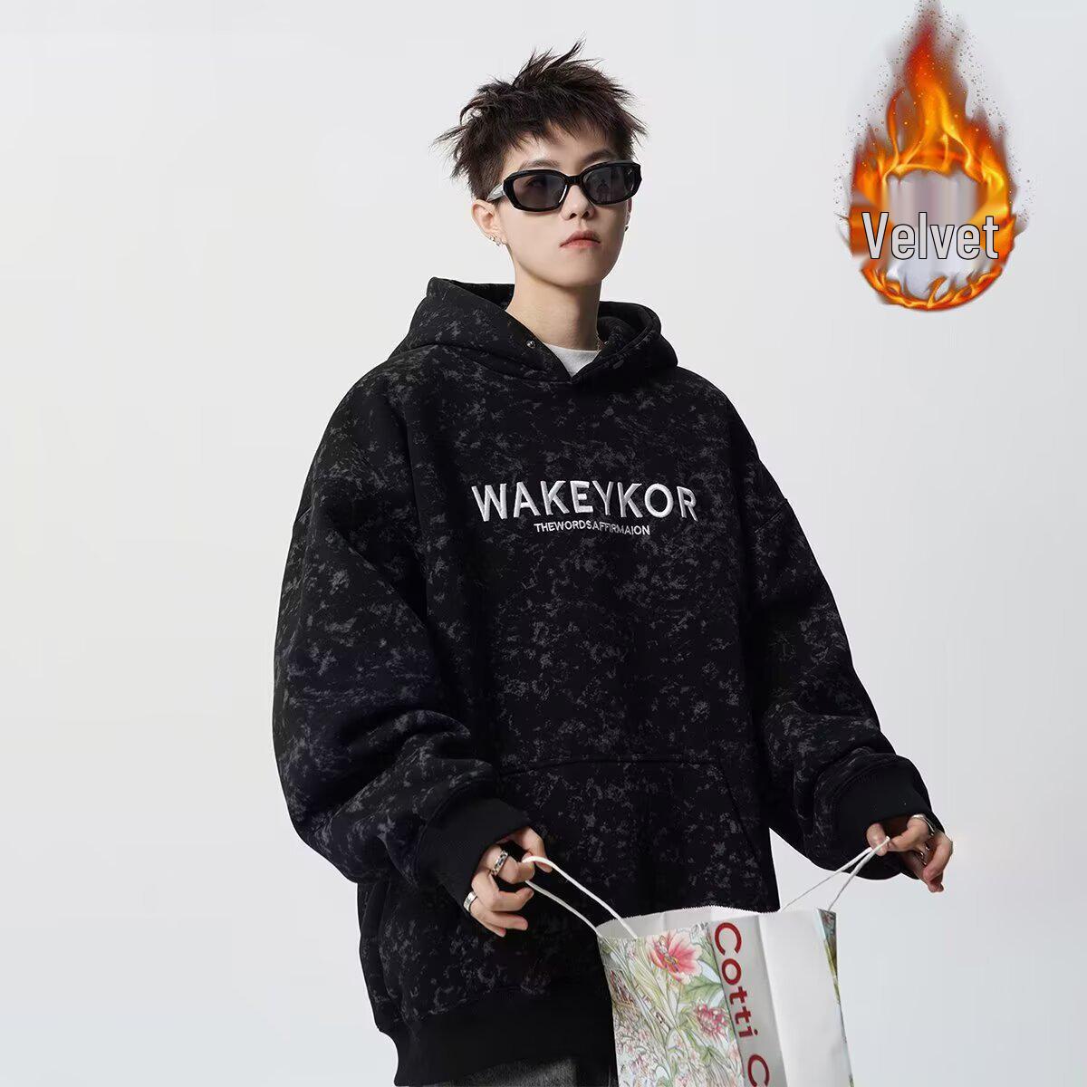 Мужская оверсайз худи с вышивкой - Модный универсальный тяжелый бархатный худи для осени/зимы XL