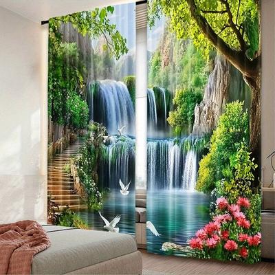 2 Stück Vorhänge mit Wald-Wasserfall-Landschaftsdruck, 30*65 Zoll, Heimdekoration, Raumdekoration