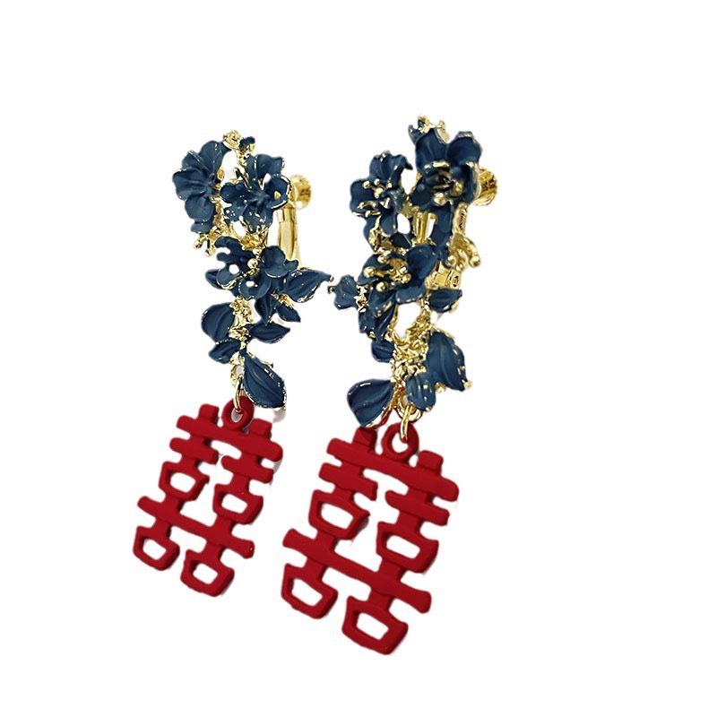 Red Cloisonné Flower Earrings: Elegant Chinese Wedding Qipao Style with Double Happiness Design